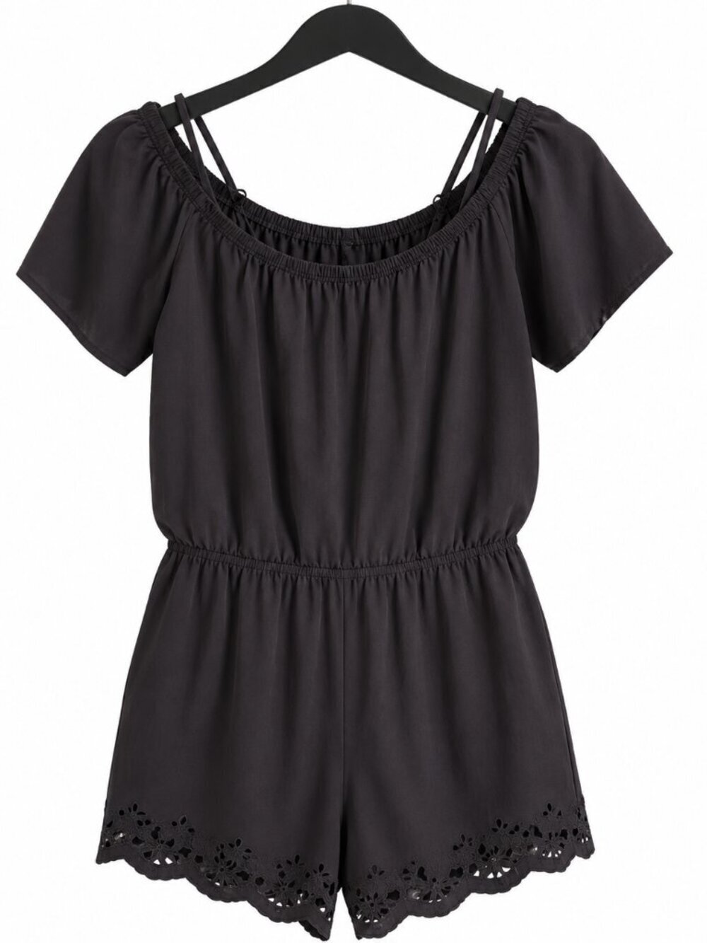 Fabletics Black Off Shoulder Romper Eyelet Hem Short Sleeve Size Small